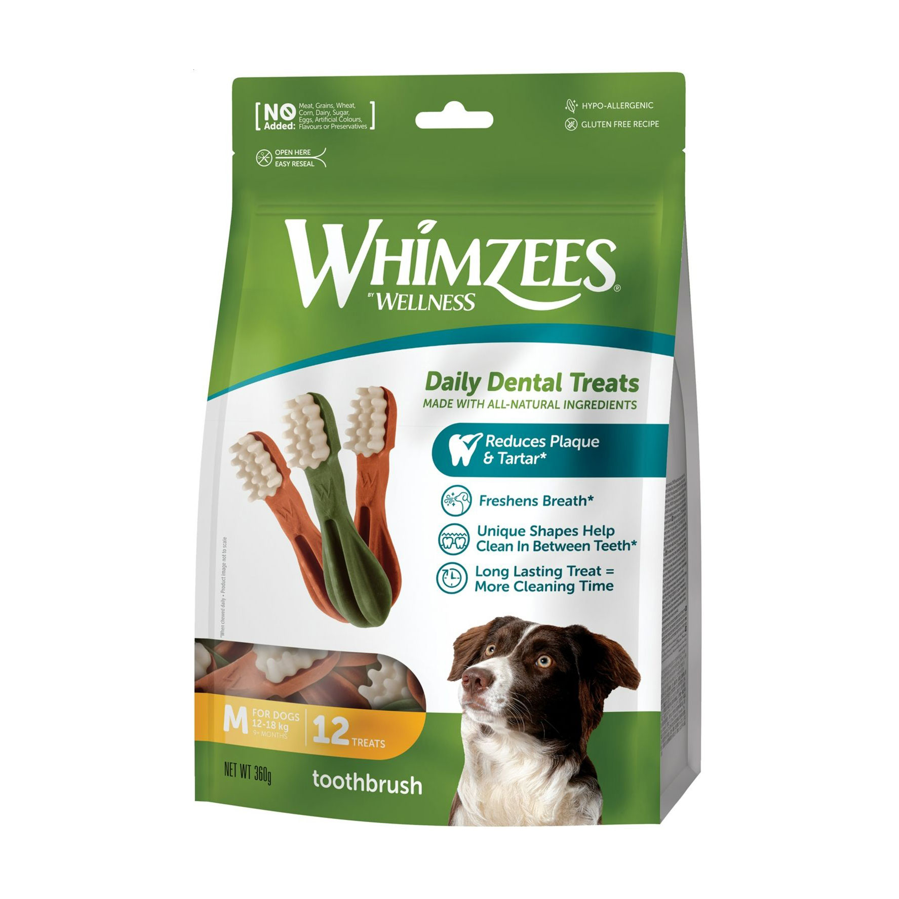 Ласощі для собак Whimzees Toothbrush Daily Dental Treats розміром M (12-18 кг), від 9 місяців, у формі зубної щітки, 12 шт